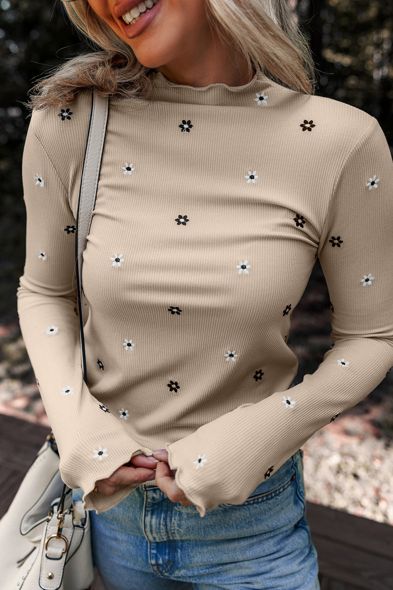 Floral Embroidered Detail Ribbed Long Sleeve Top