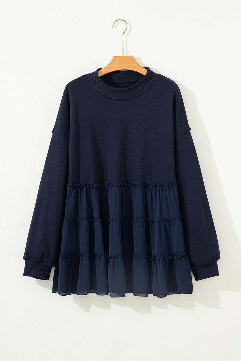 Tiered Ruffle Ribbed Crew Neck Pullover Plus Size Top