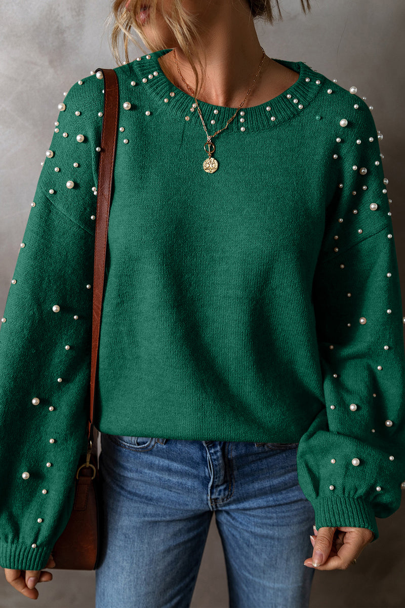 Solid Pearled Drop Shoulder Round Neck Sweater