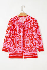 Abstract Floral Print Tie Neck Button Decor 3/4 Sleeve Blouse