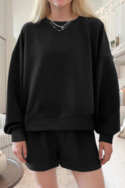 Ribbed Texture Baggy Drop Shoulder Pullover and Shorts Set