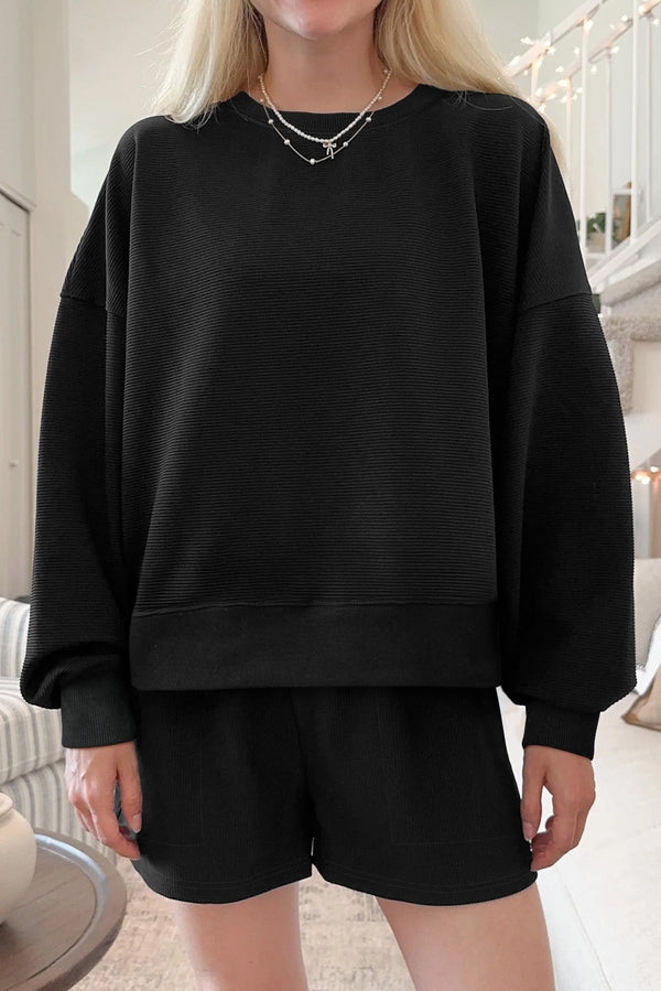 Ribbed Texture Baggy Drop Shoulder Pullover and Shorts Set