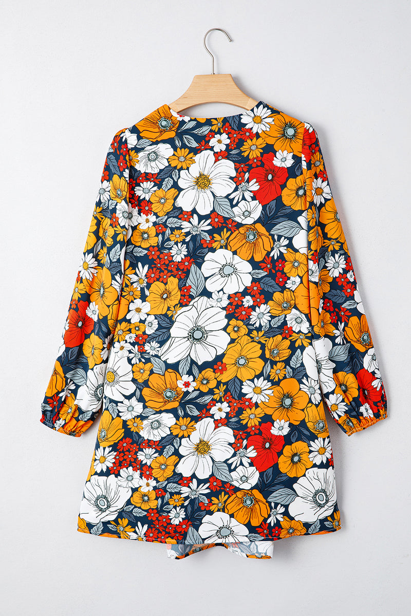 Floral Print Striped Lace V Neck Long Sleeve Mini Dress