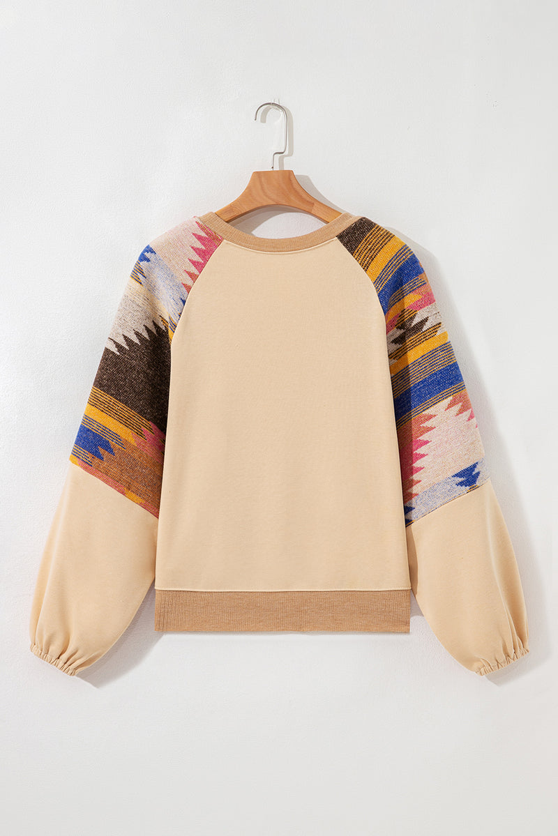 Light French Aztec Patchwork Raglan Pullover Sweatshirt
