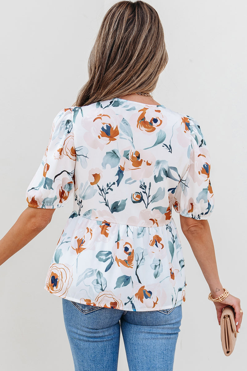 Floral Print Puff Sleeve V Neck Baby doll Blouse