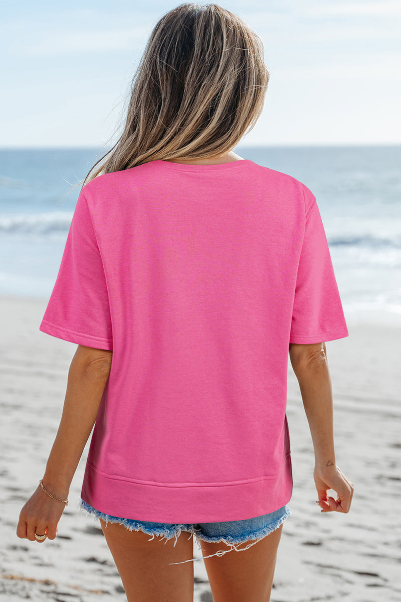 Pink Contrasting Color Ribbon Bow Front Patch Loose Tee with Slits