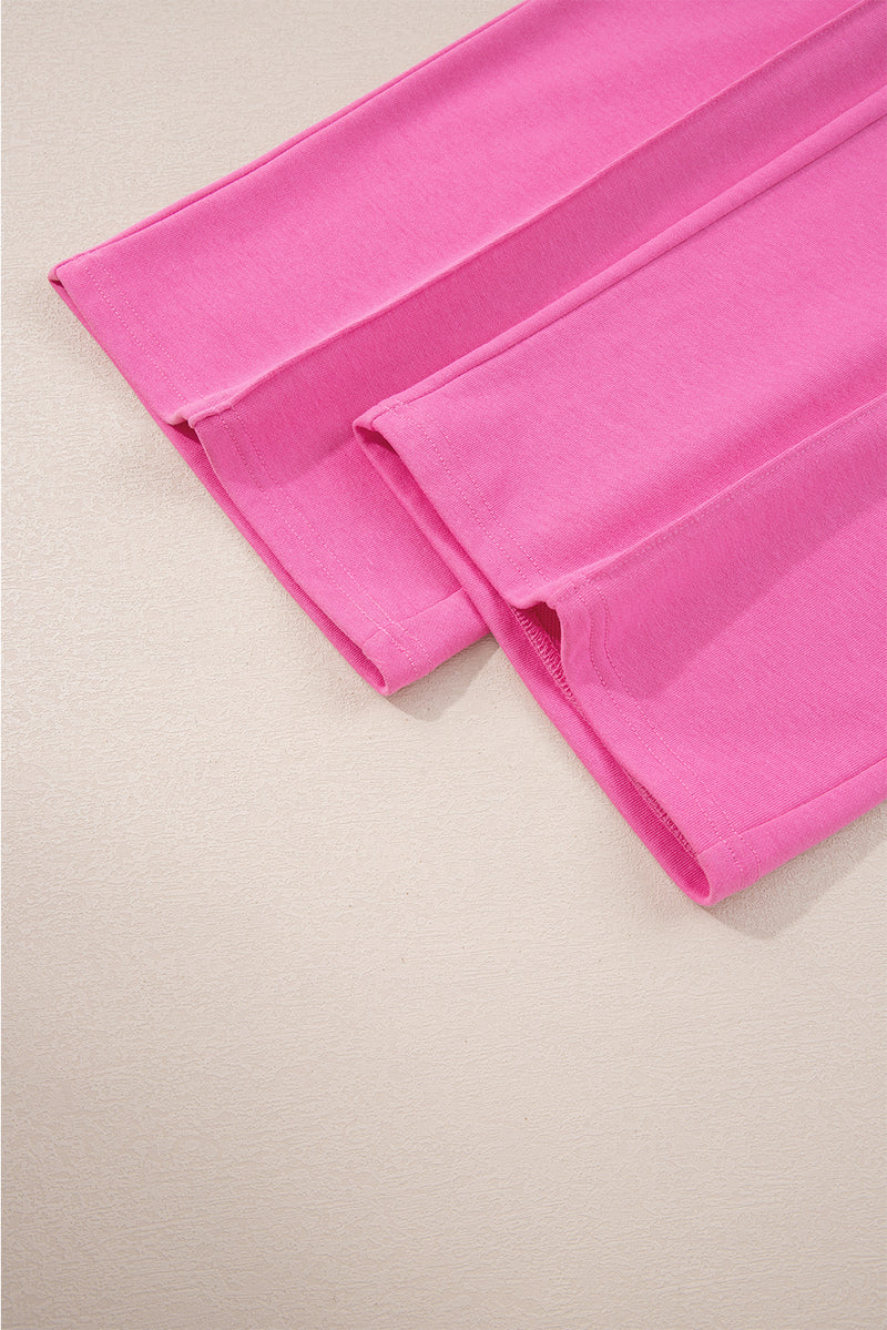 Bright Pink Solid Color Collared Pullover and Central Seam Pants Set