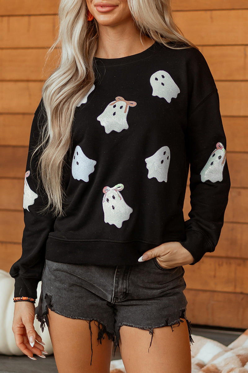 Sequin Cute Bow Ghost Graphic Crew Neck Halloween Sweatshirt