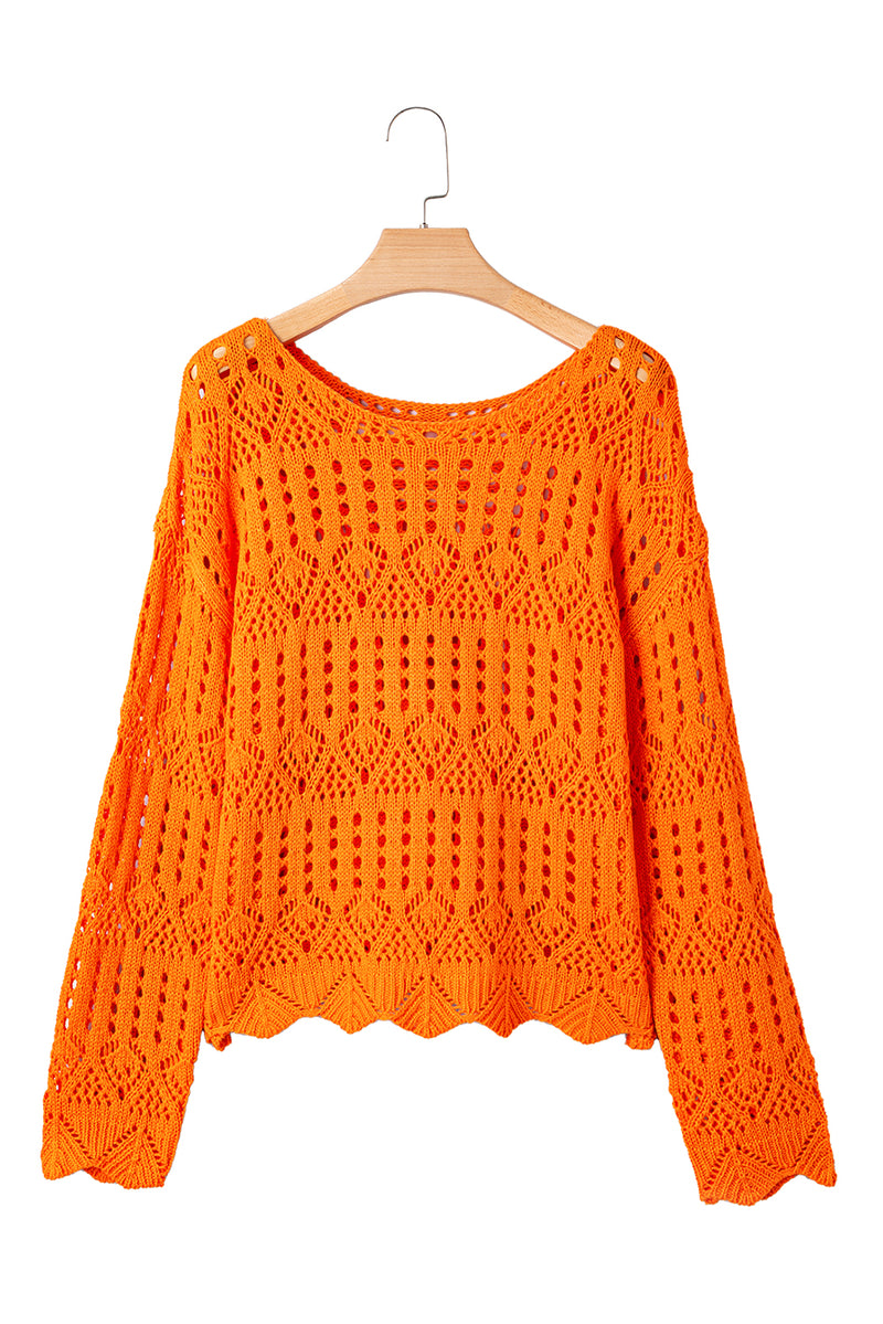 Orange Solid Color Open Crochet Scallop Edge Sweater