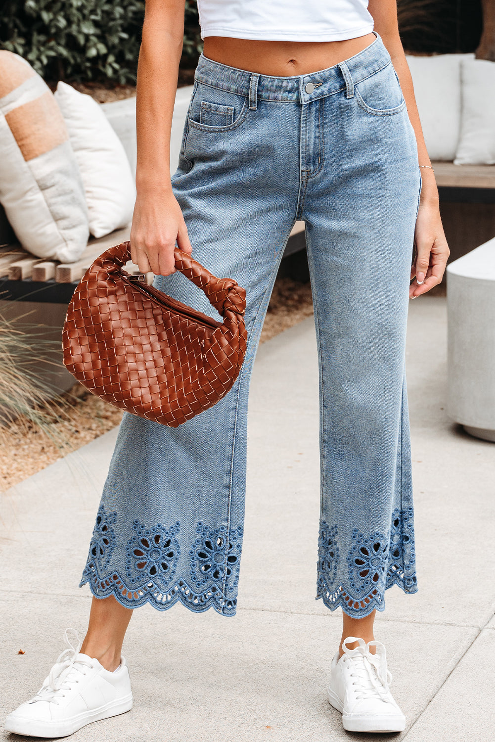 Embroidered Cropped Wide Leg High Waist Jeans