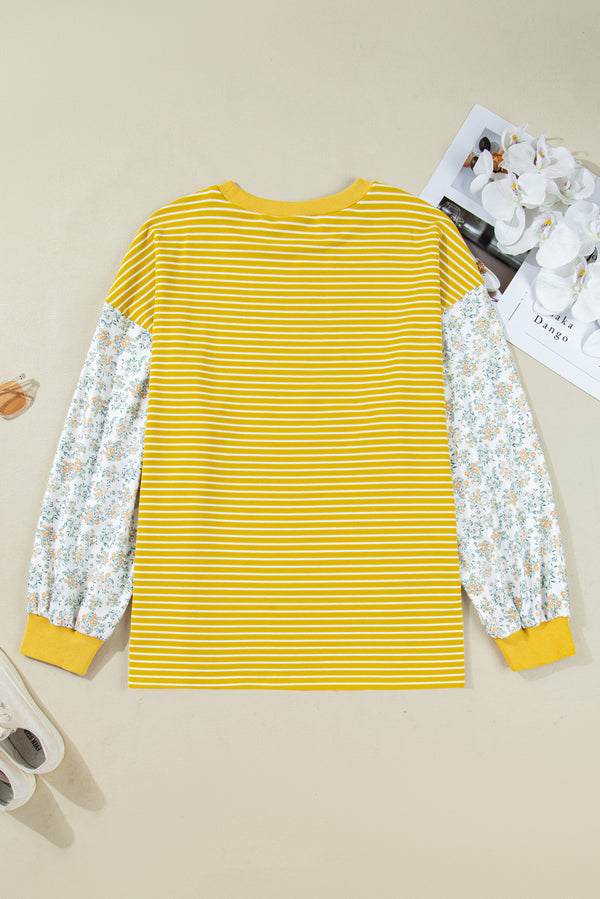 Stripe Striped Contrast Floral Sleeve Patchwork Plus Size Loose Top