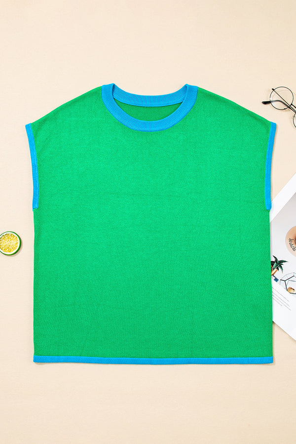Contrast Trim Round Neck Short Sleeve Loose Knit Sweater