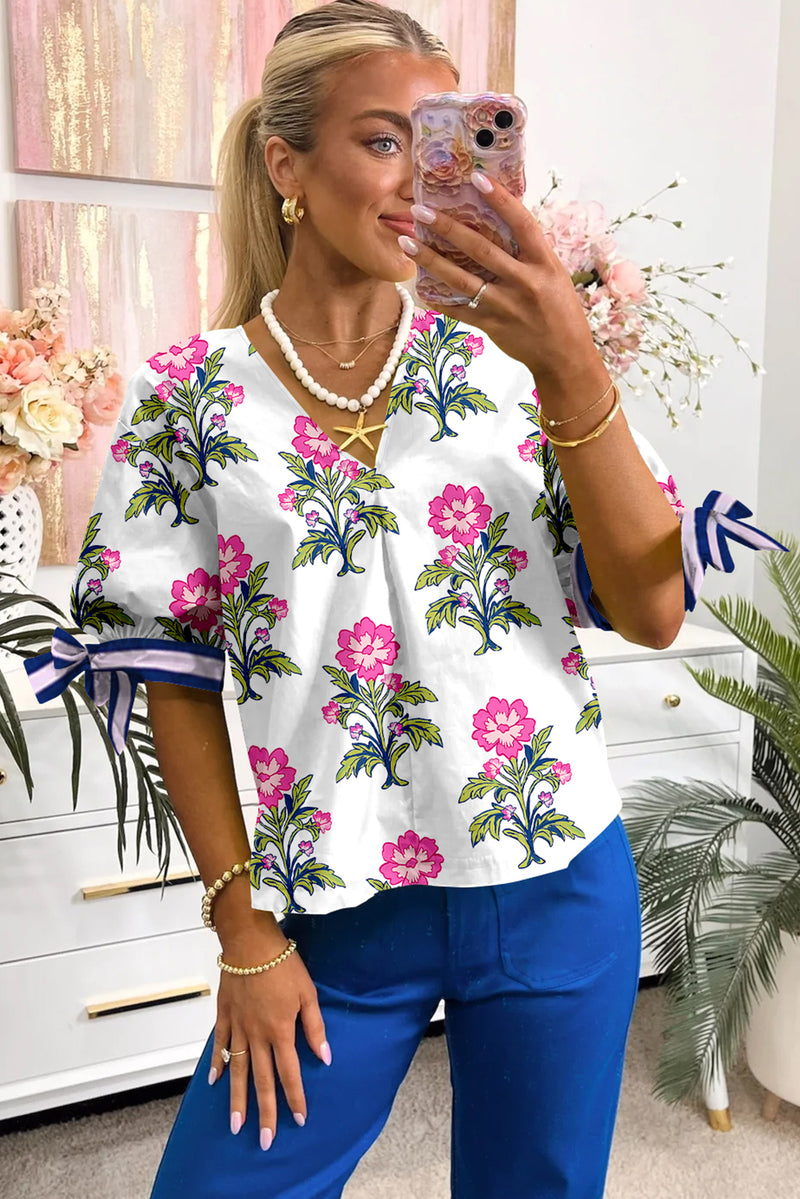 Floral Colorblock Stripe Knot Bubble Sleeve V Neck Blouse
