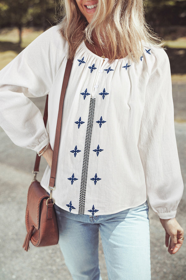 Geometric Embroidered Long Sleeve Buttoned Blouse