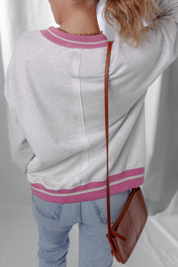 Flower Patch Contrast Trim Crew Neck Sweatshirt