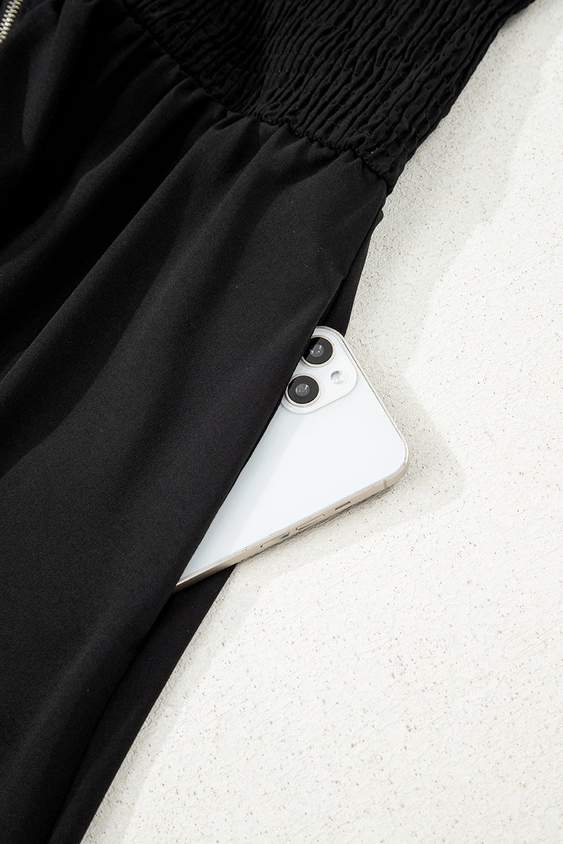 Sleeveless Zipped Front V Neck Shirred Waist Maxi Dress