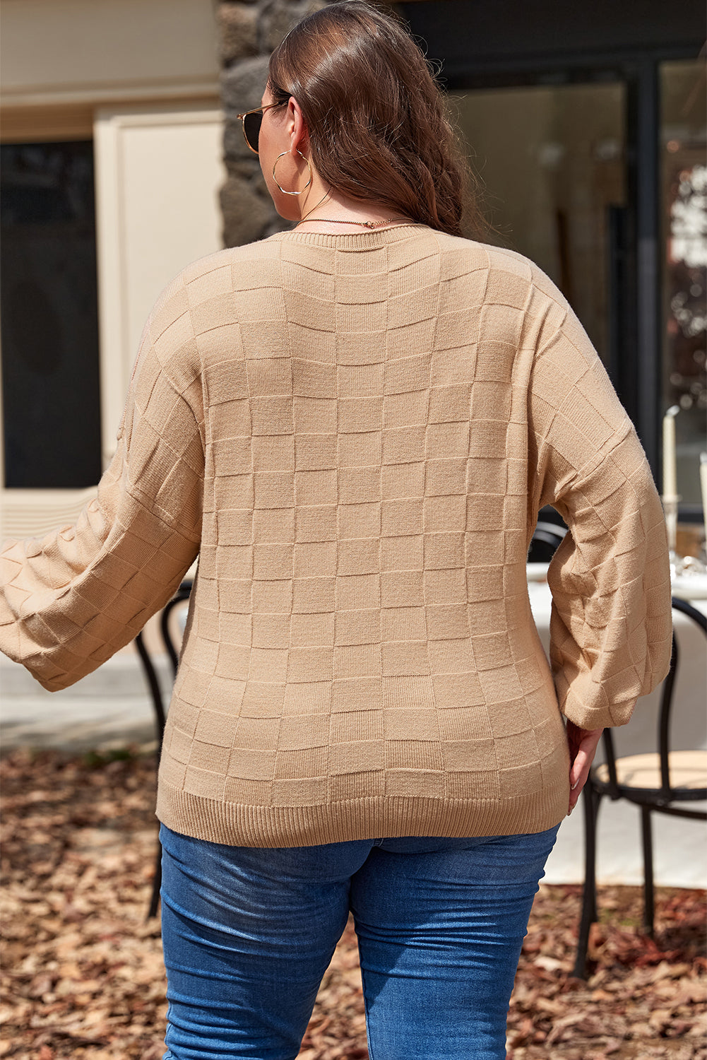 Light French Solid Checkered Textured Knit Plus Size Sweater