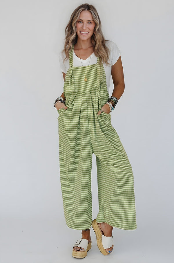 Gingham Wide Leg Loose Overall with Pockets