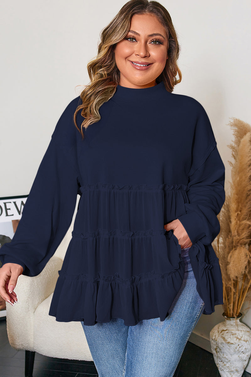 Tiered Ruffle Ribbed Crew Neck Pullover Plus Size Top