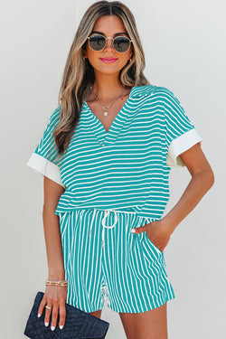 Stripe V Neck Tee and Casual Short Set