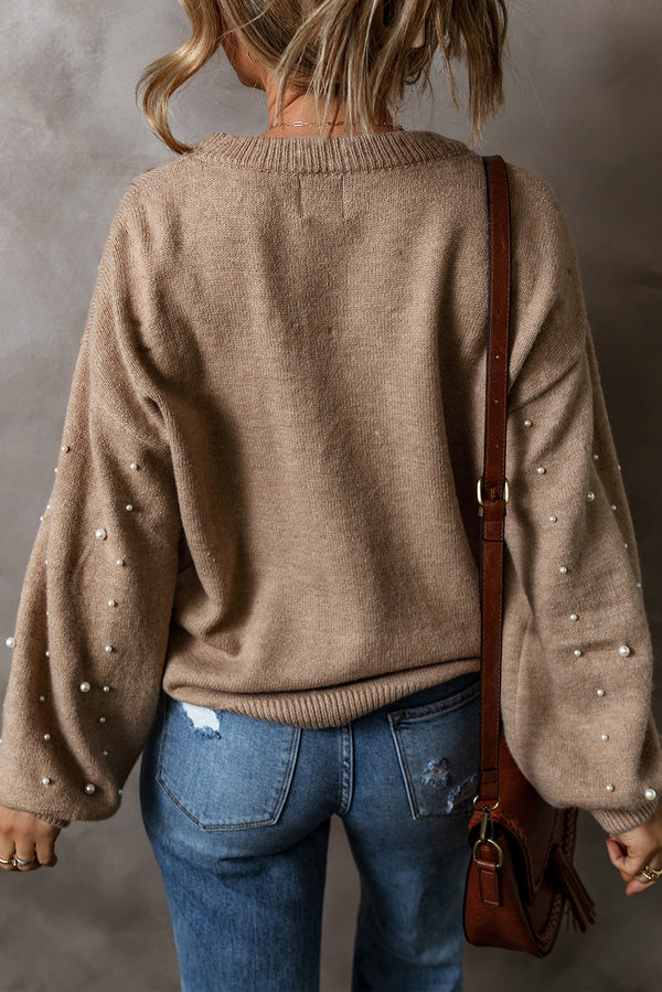 Solid Pearled Drop Shoulder Round Neck Sweater