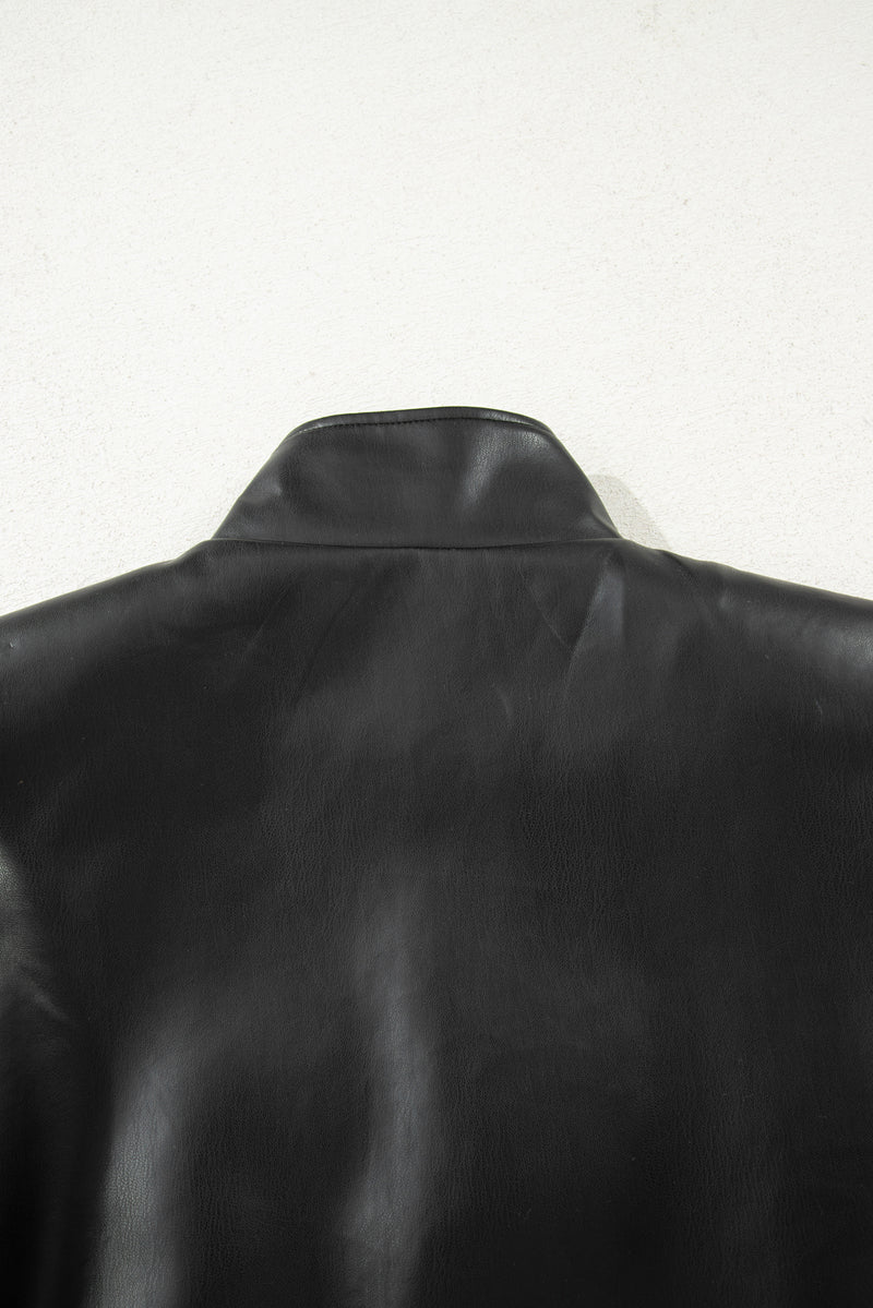 Double Flap Pocket Faux Leather Zip Up Stand Neck Vest