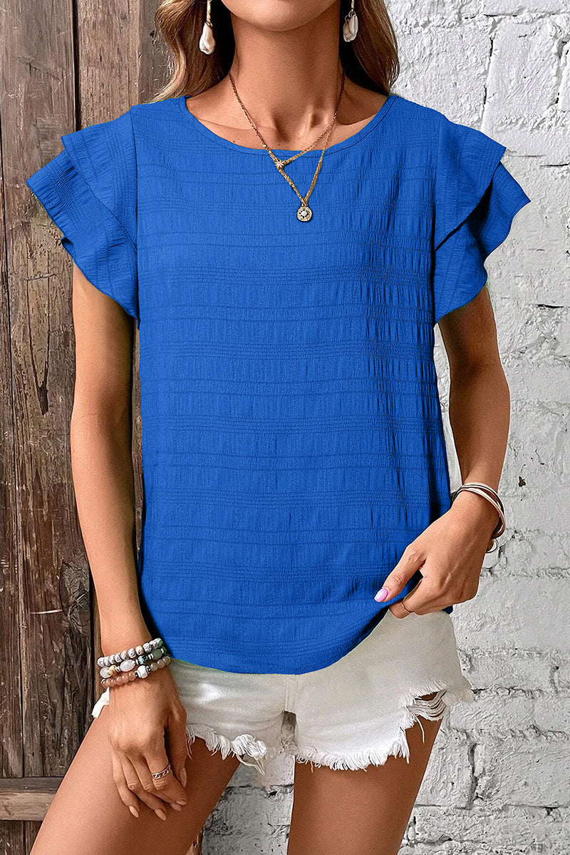 Textured Ruffled Sleeve Round Neck Top Blouse