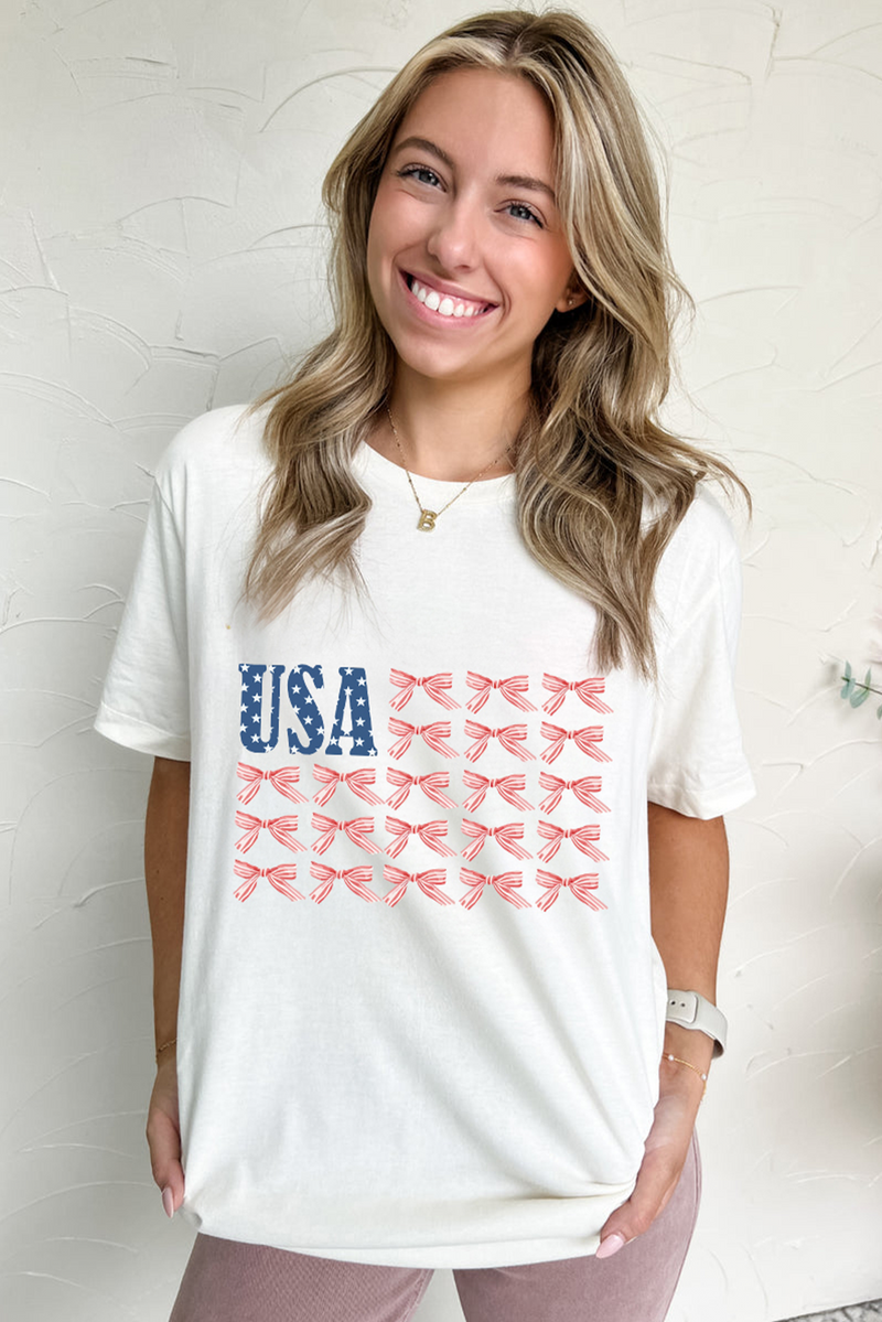 USA Flag Bow Knot Print Round Neck T Shirt