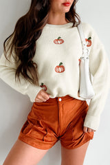 Beige Pumpkin Embroidered Ribbed Thanksgiving Halloween Holiday Sweater