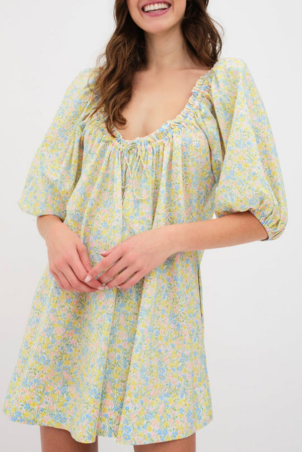 Floral Half Sleeve Frilled U Neck A-line Short Dress