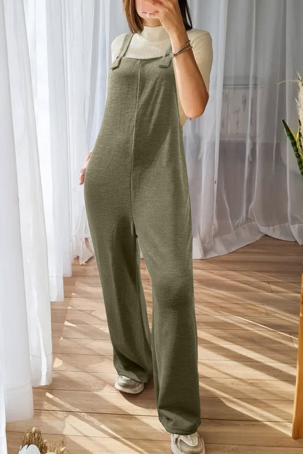 Laurel Green Solid Color Knit Loose Straight Leg Casual Overall Jumpsuit