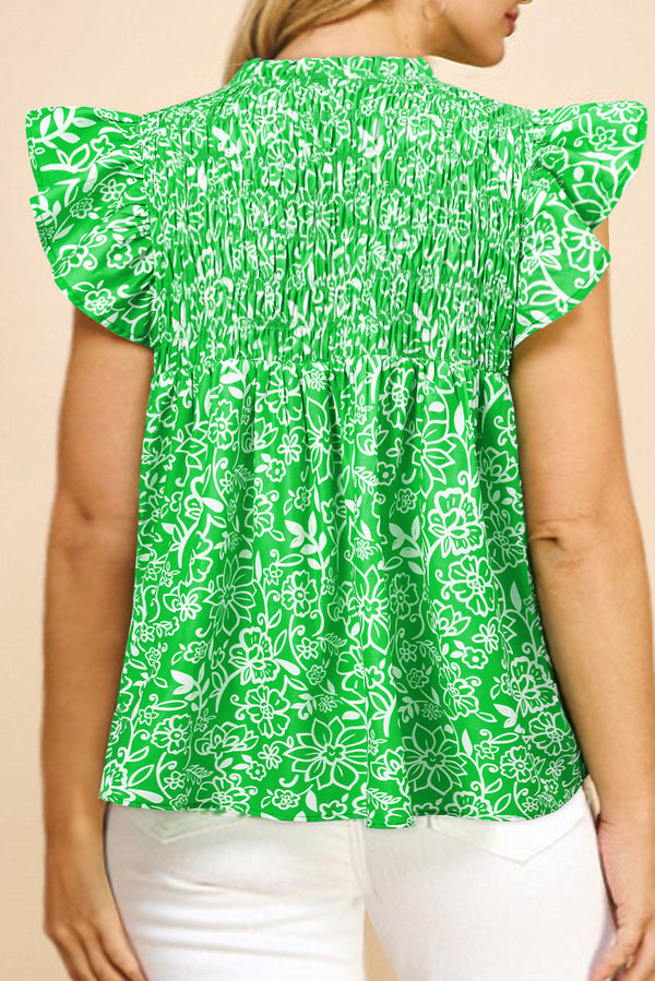 Floral Flutter Sleeve Shirred Notched Neck Plus Size Blouse