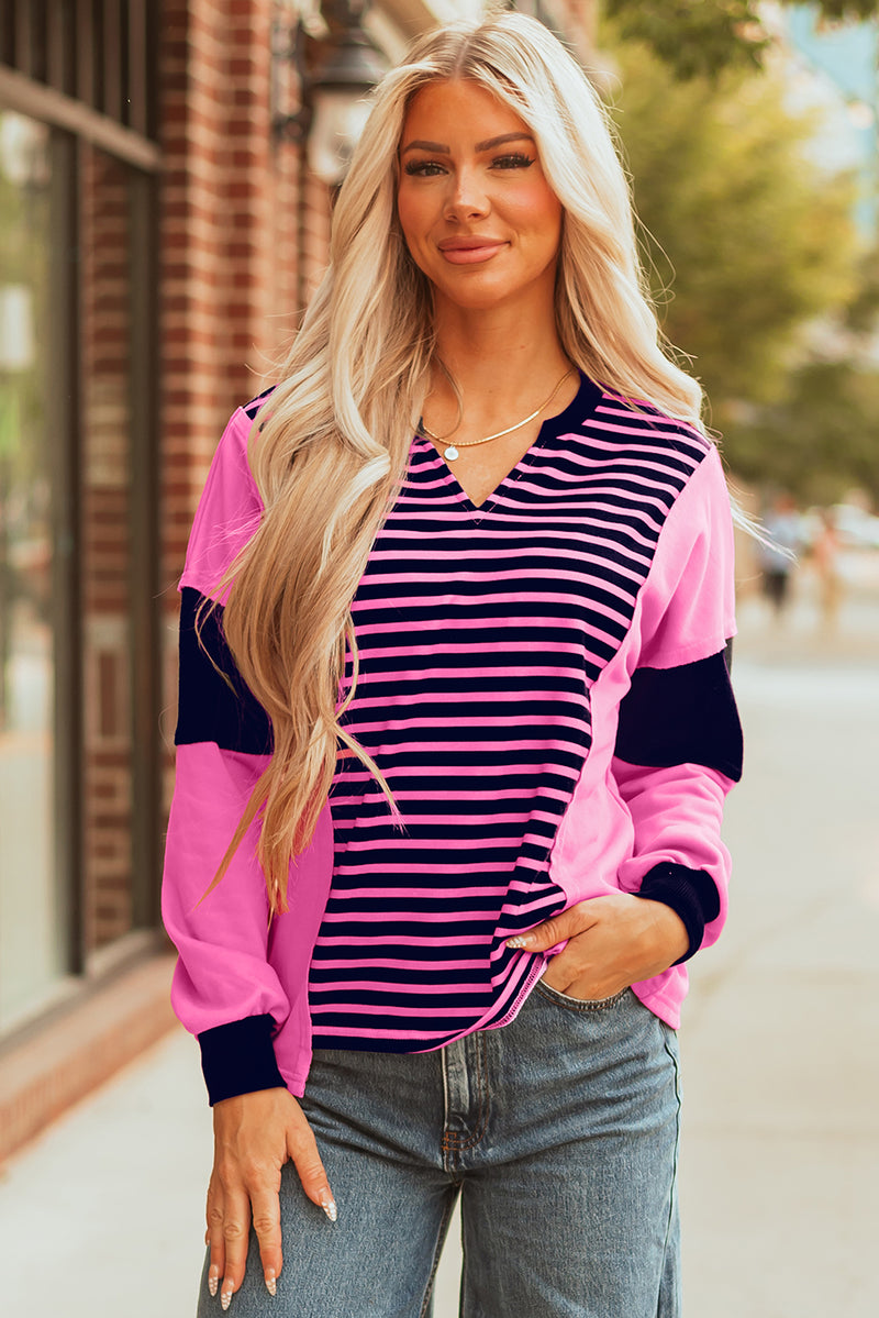 Stripe Color Block V Neck Loose Fit Long Sleeve Top
