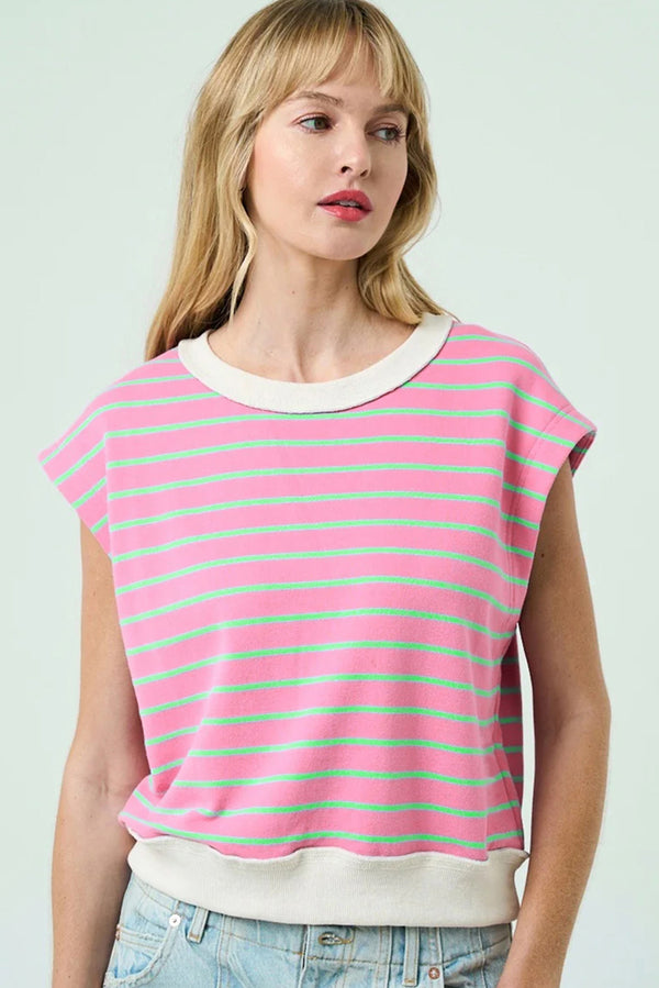 Striped Crew Neck Cap Sleeve T Shirt