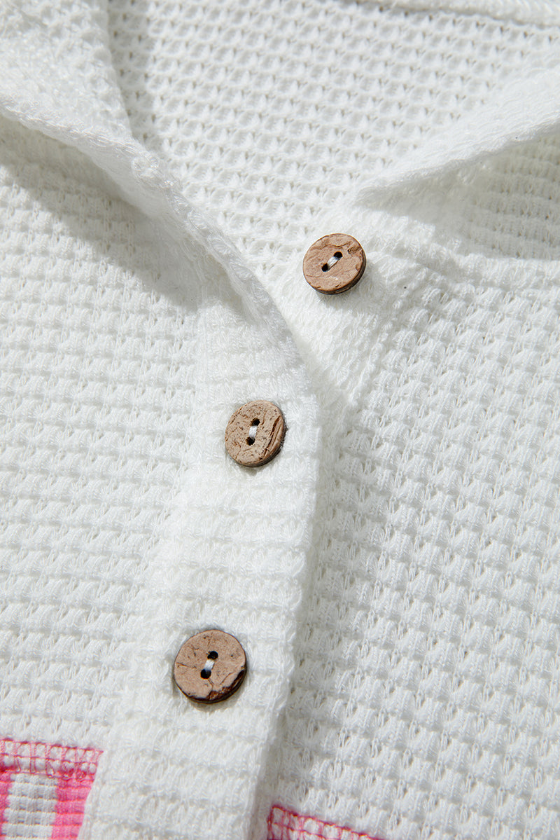 Stripe Leopard Patchwork Waffle Knit Buttoned Plus Size Hoodie