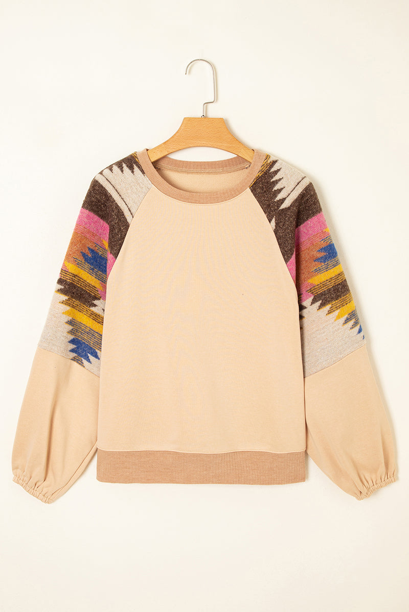 Light French Aztec Patchwork Raglan Pullover Sweatshirt
