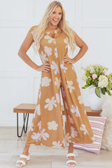 Floral Print Sleeveless Button up Wide Leg Loose Jumpsuit