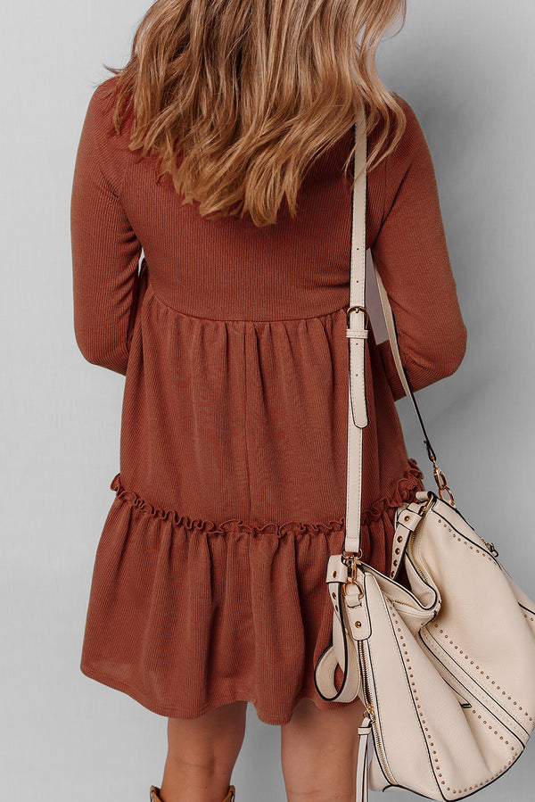 Straw Ribbed Frilled Trim High Waist Long Sleeve Mini Dress