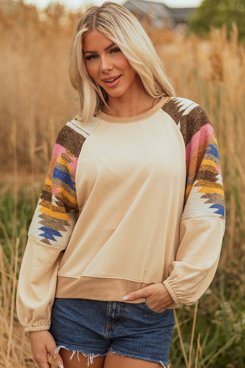 Light French Aztec Patchwork Raglan Pullover Sweatshirt