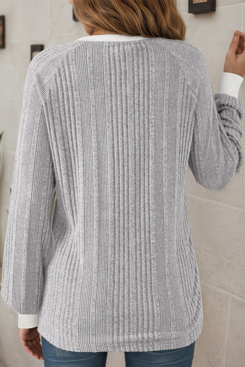 Gray Ribbed Contrast Cuffed Round Neck Long Sleeve T Shirt