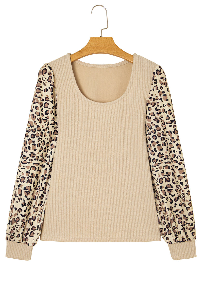 Apricot Leopard Sleeve Patchwork Ribbed Knit U Neck Top