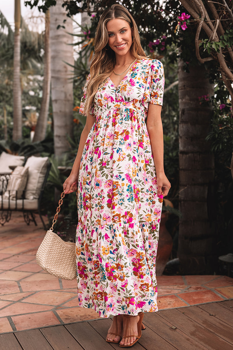 Floral Short Sleeve V Neck High Waist Maxi Dress