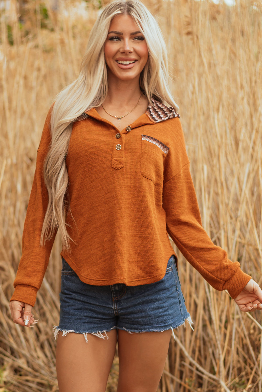 Contrast Plaid Hood Patchwork Chest Pocket Henley Top