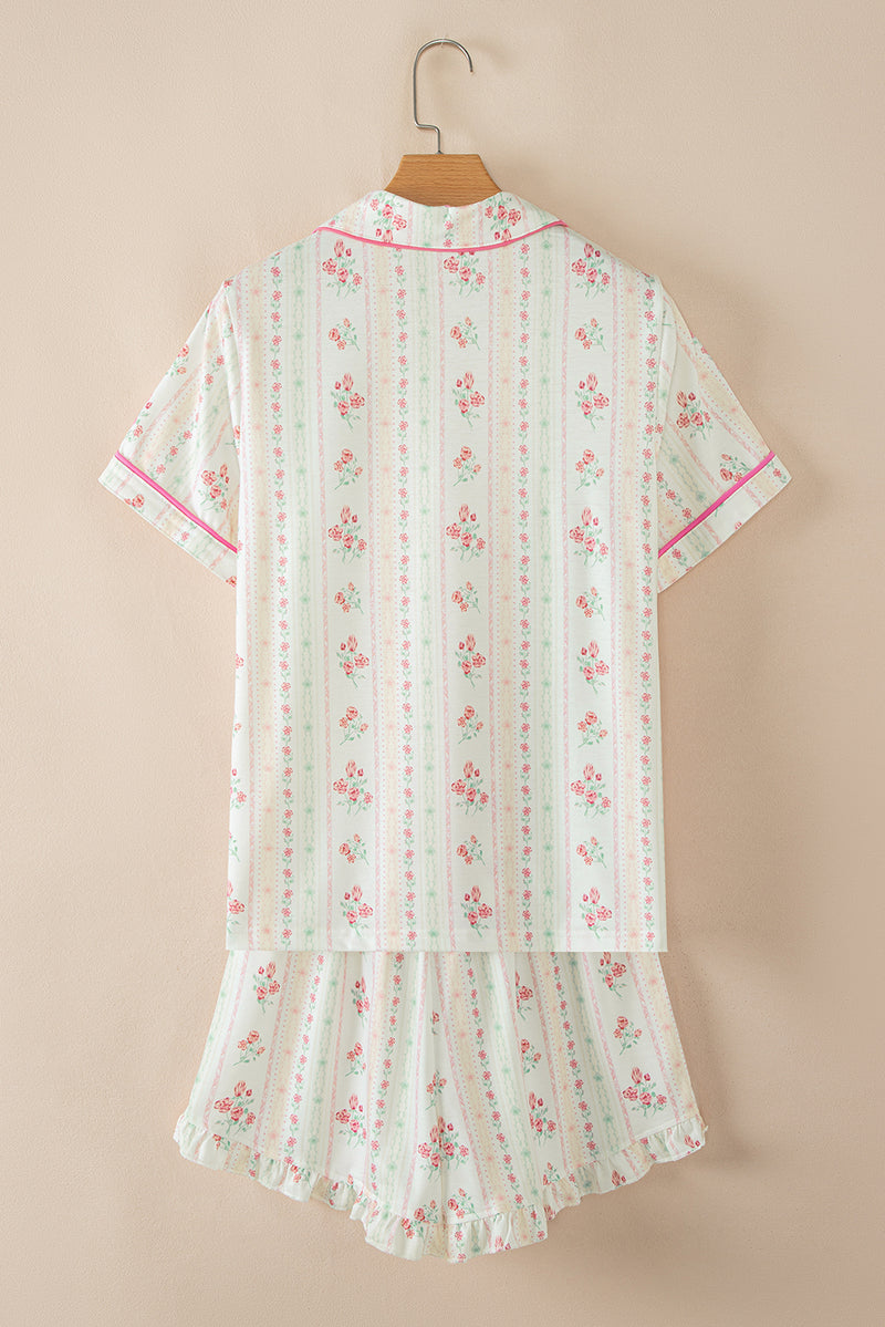 Floral Print Contrast Pipping Short Pajamas Set