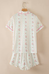 Floral Print Contrast Pipping Short Pajamas Set