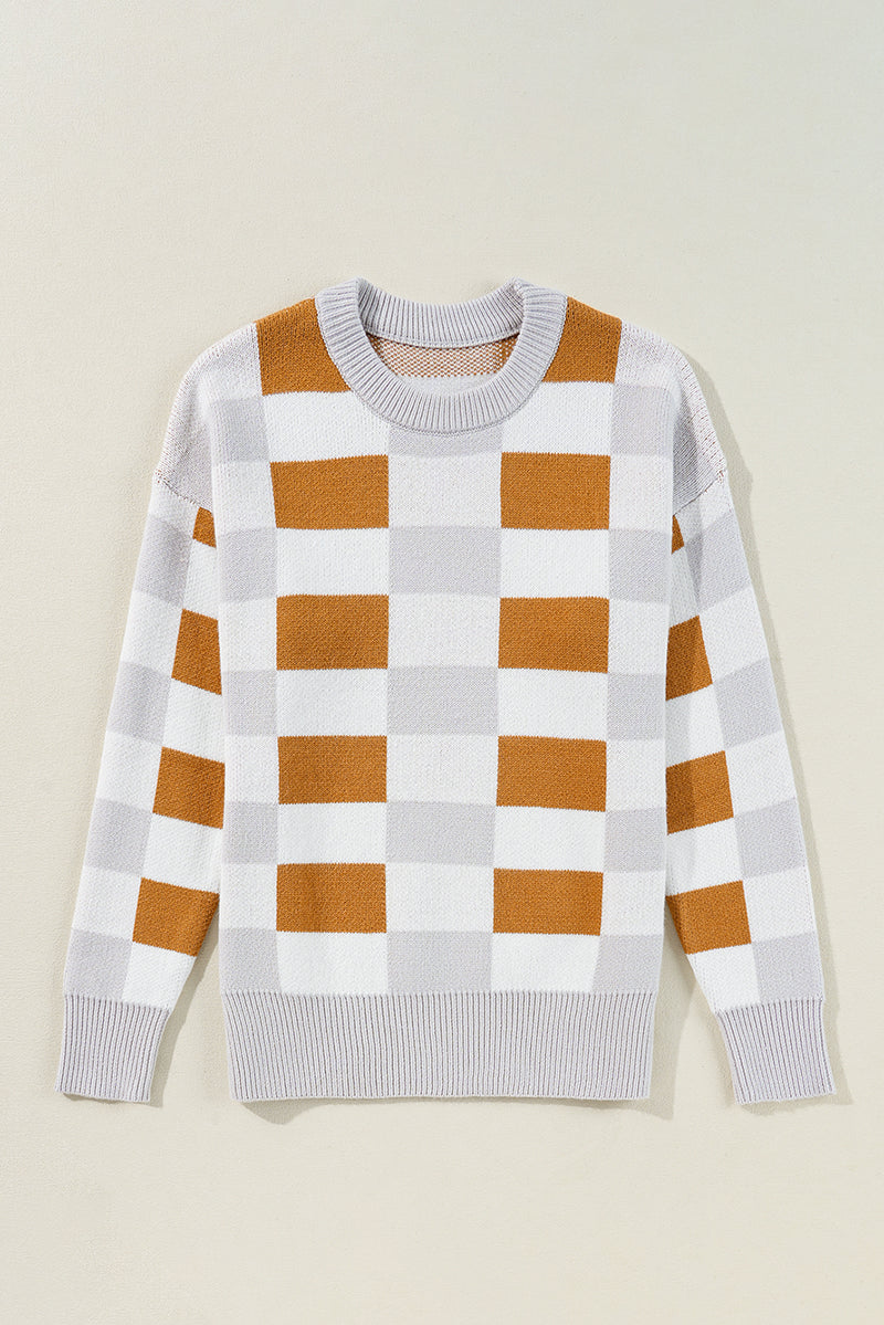 Checkered Ribbed Edge O Neck Drop Shoulder Sweater