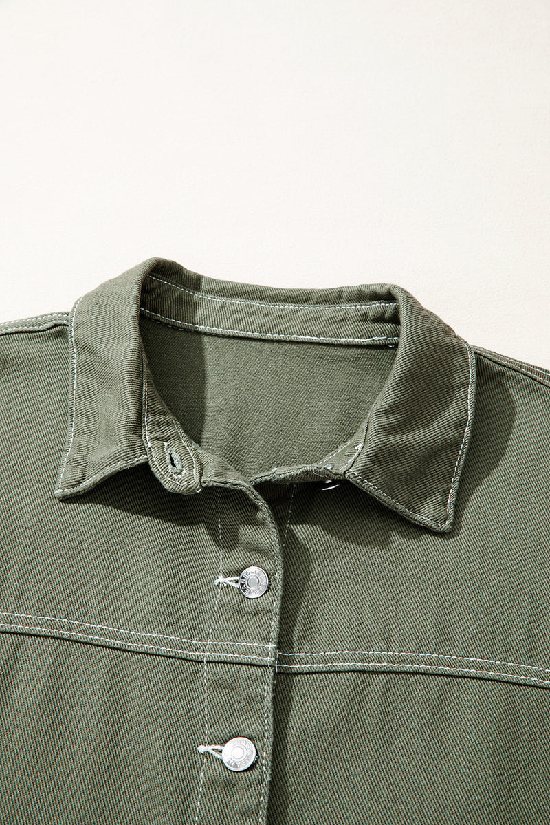 Moss Green Patched Pocket Collared Button Front Boyfriend Denim Jacket