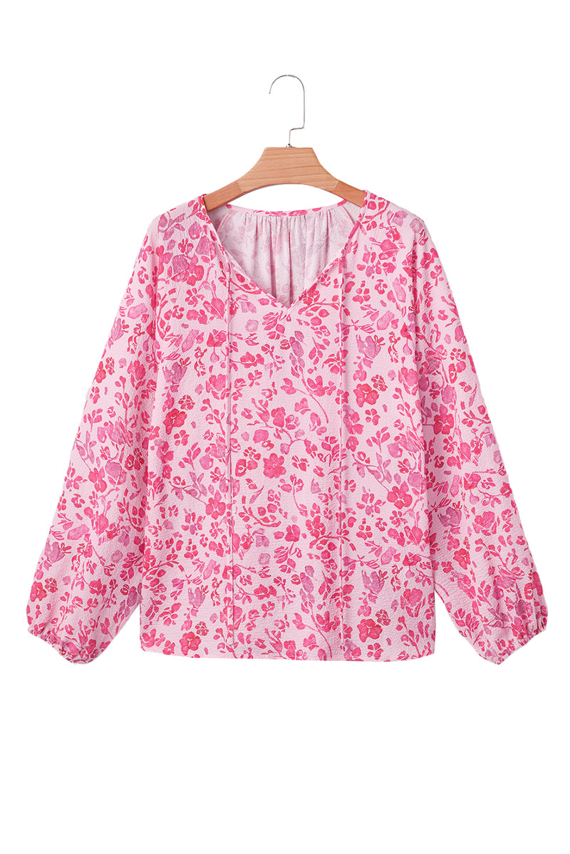 Floral Puff Sleeve Split Neck Lightweight Blouse