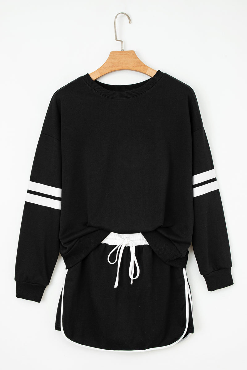 Varsity Stripe Detail Drop Shoulder Pullover Mini Skirt Set