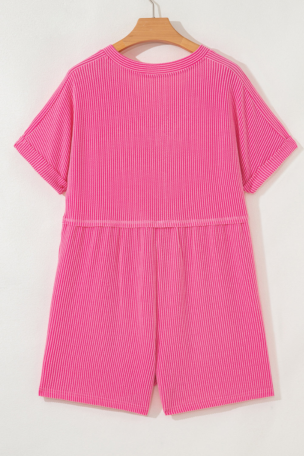 Spiral Ribbed Short Sleeve V Neck Buttoned Romper with Pocket